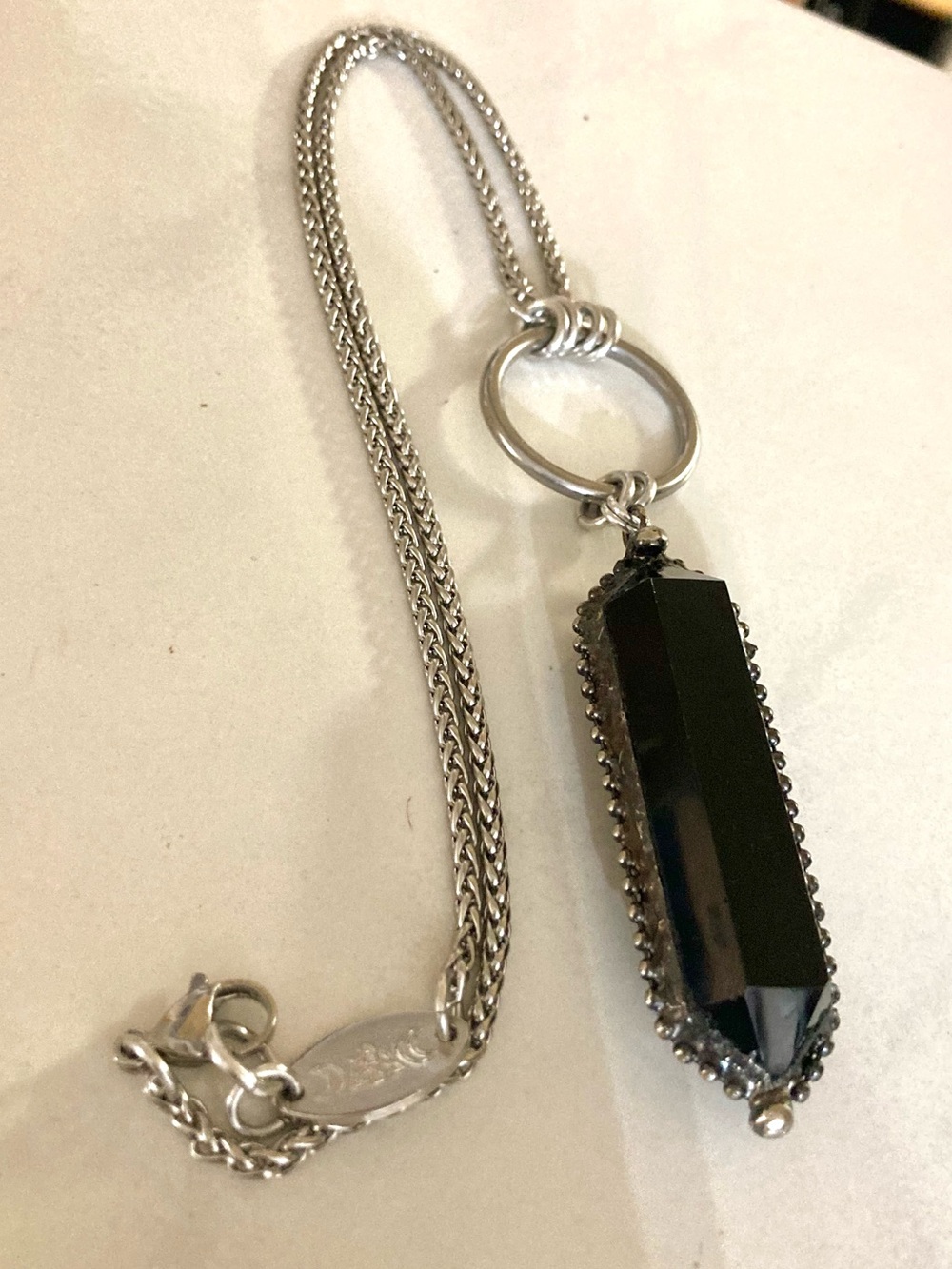 Black smoky crystal quartz boho goth long stainless steel chain necklace - Picture 3 of 13